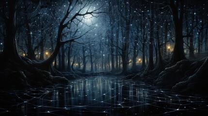  a painting of a dark forest with a lake and trees.  generative ai