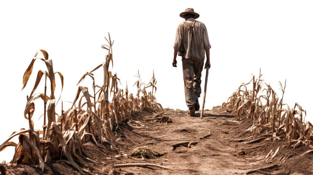A farmer walks through a failed corn crop, remnants of stalks lying in his path.