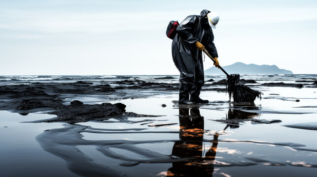 A worker is seen cleaning up an oil spill that has fouled the beaches, causing harm to the environment and wildlife.