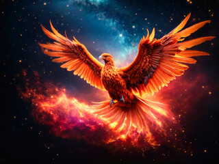 a majestic phoenix bird spreading glowing wings. spiritual animal awakening concept. magical fantasy epic wallpaper