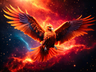 a majestic phoenix bird spreading glowing wings. spiritual animal awakening concept. magical fantasy epic wallpaper