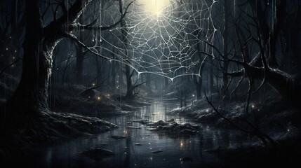  a spider web hanging over a river in a forest at night.  generative ai