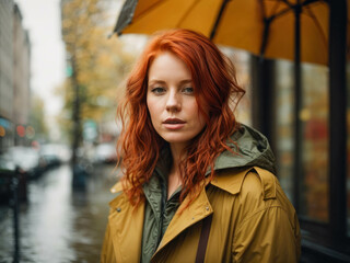 Fototapeta premium Close up portrait of a beautiful red haired girl in raincoat dress. Amazing model looking at camera.Warm art work