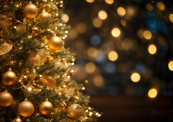 Fototapeta na wymiar Golden Christmas tree with bokeh lights background. Xmas abstract glowing decorations
