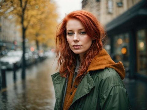Close up portrait of a beautiful red haired girl in raincoat dress. Amazing model looking at camera.Warm art work