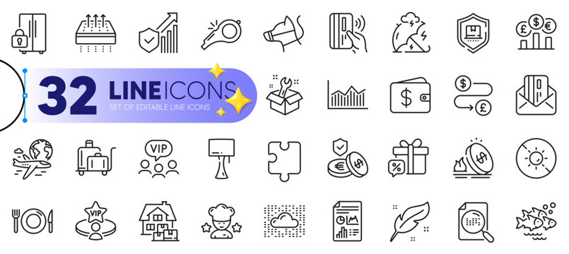 Outline set of Food, Security statistics and Table lamp line icons for web with Money diagram, Home moving, Money transfer thin icon. Refrigerator, Fish school, Dog leash pictogram icon. Vector