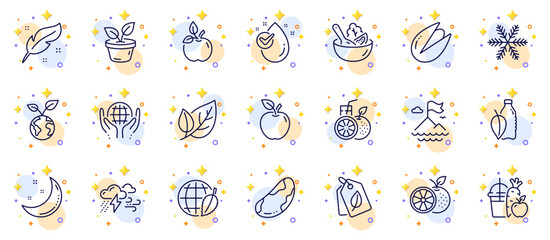 Outline set of Leaves, Orange and Juice line icons for web app. Include Salad, Water bottle, Save planet pictogram icons. Bad weather, Feather, Bio tags signs. Apple, Leaf, Mountain flag. Vector