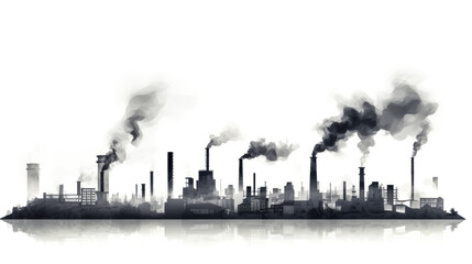 A factory's smokestacks belch pollution as thick smog fills the air around them, creating a hazardous environment.