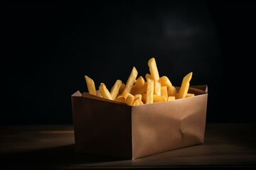 Crispy fries in box on dark background. Generative AI