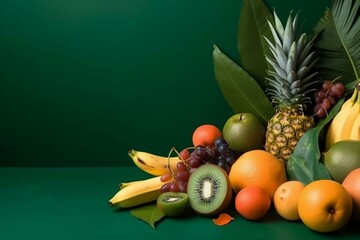 Composition of tropical fruits with space. Generative AI