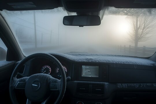 Visibility limited by ice and foggy windshield on cold morning. Generative AI