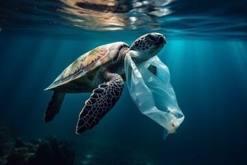 Underwater global problem with plastic waste polluting the oceans. Turtle trapped in plastic bag. Generative AI