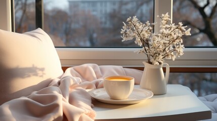 Elegantly decorated window sill with a glass of coffee and a white blanket.