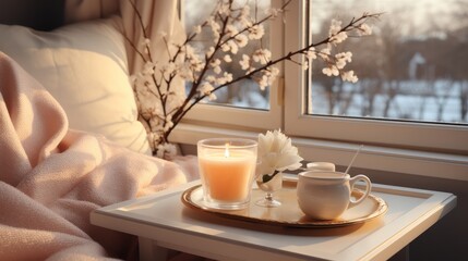 Elegantly decorated window sill with a glass of coffee and a white blanket.