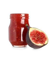Jar of sweet fig jam on white background