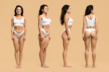 Smiling Beautiful Young Woman Demonstrating Her Fit Athletic Body In Different Angles