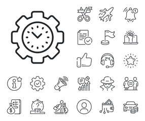 Clock sign. Salaryman, gender equality and alert bell outline icons. Time management line icon. Gear symbol. Time management line sign. Spy or profile placeholder icon. Online support, strike. Vector