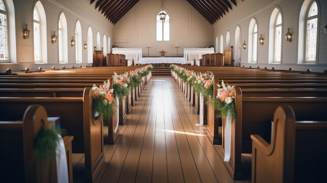 Chapel wedding with vintage wooden pews.