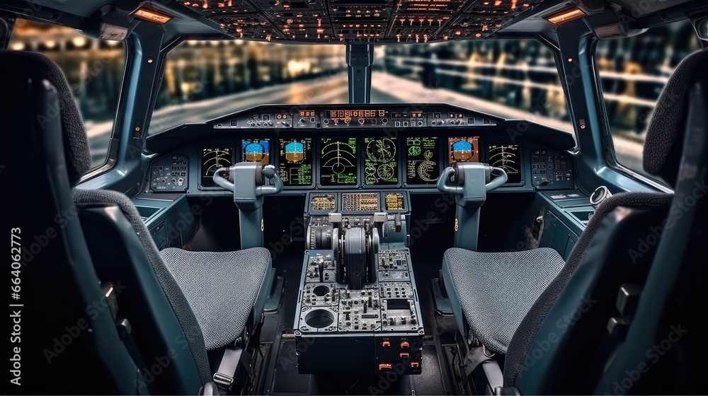 Poster controls and dashboards in the cockpit of an aircraft.