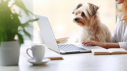Dog and laptop, young woman working at home