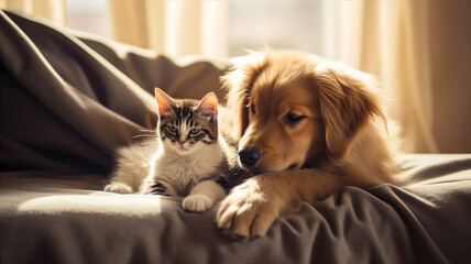 Dog and cat together, happy pets on bed - obrazy, fototapety, plakaty