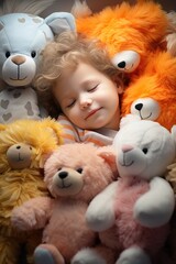 Baby boy is sleeping among of vibrant color soft toys