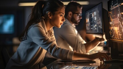Modern IT developer, Computer programmers looking through data in the office.