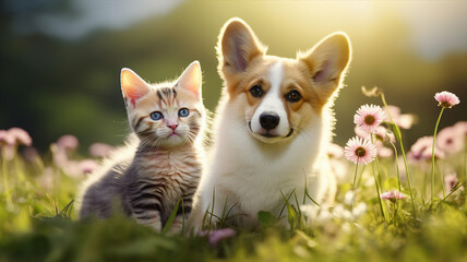 Dog and cat together, pets, spring or summer nature - Powered by Adobe
