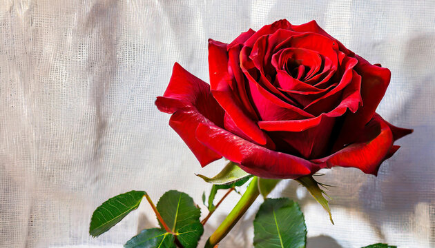 A blooming red rose with green leaves, isolate on a white background