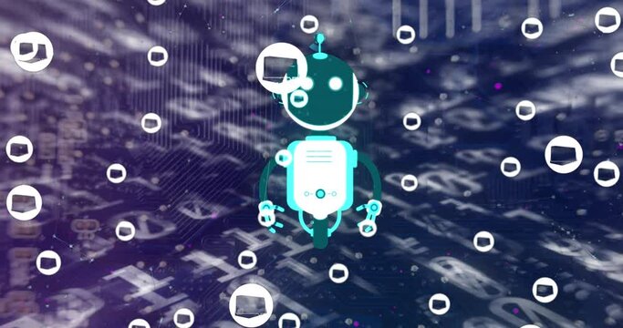 Animation of ai chat bot and icons over binary coding background