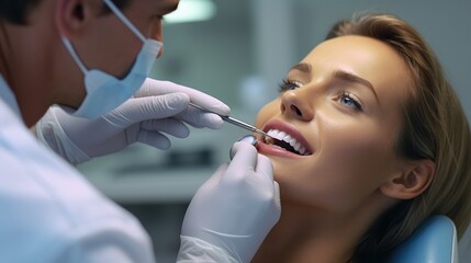 Dentist examining a woman teeth in the dentist office.