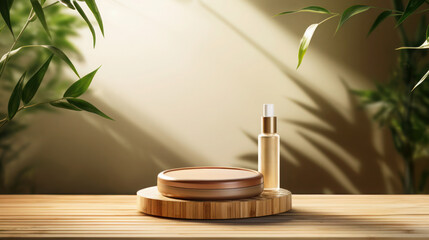 Scene of a display podium for cosmetic products with bamboo tray with tropical leaf indoor plants decorated background, relaxing warm light with diffuse shadows.