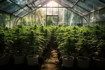 Growing legal cannabis plants in greenhouse. Generative AI