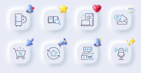 New mail, Device and Refrigerator timer line icons. Buttons with 3d bell, chat speech, cursor. Pack of Cyber attack, Loyalty points, Microphone icon. Loan percent, Search book pictogram. Vector