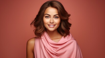 Fototapeta premium Happy Asian woman wearing hair towel isolated on pink background.