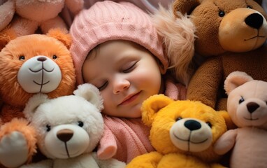 Baby boy is sleeping among of vibrant color soft toys