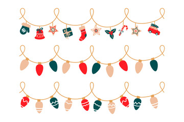Christmas lights set. Garlands with colored bulbs. Xmas festive string decoration with hanging toys - mistletoe, bell, car, glove, sock, gift box. Vector illustration on white background.