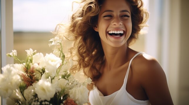 Happy beautiful bride holding flowers and laughing.