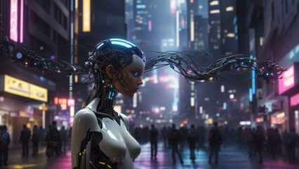 3D illustration of science fiction female humanoid cyborg lost in futuristic neon lit cyberpunk city. Artificial intelligence concept.