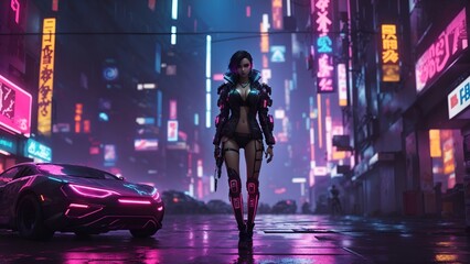 3D illustration of science fiction female humanoid cyborg lost in futuristic neon lit cyberpunk city. Artificial intelligence concept. - obrazy, fototapety, plakaty