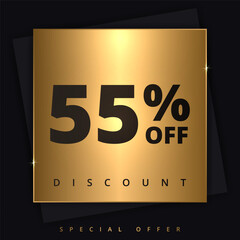 55 off discount banner. Special offer sale 55 percent off. Sale discount offer. Luxury promotion banner fifty five percent discount in golden square and black background. Vector illustration
