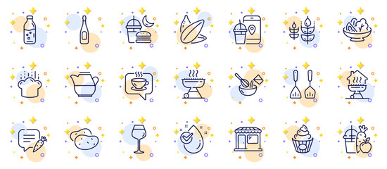 Outline set of Juice, Chat bubble and Cooking cutlery line icons for web app. Include Coffee, Milk jug, Food app pictogram icons. Cooking hat, Salad, Potato signs. Gluten free, Champagne. Vector