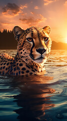 guepardo na água do lago 