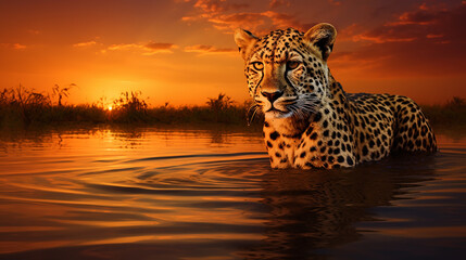 guepardo na água do lago 