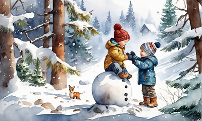 Fototapeta premium Kinder bauen einen Schneemann im Winterwald, gen ai 