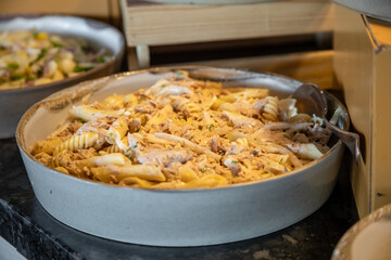 breakfastand dinner  buffet, fruits, cheeses, cereals, salad