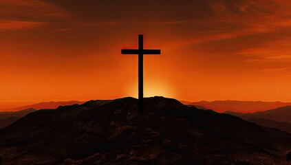christ cross on a hill with an orange sky behind it Generative AI