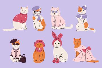 Set of cute cats in fashionable outfits. Vector graphics.