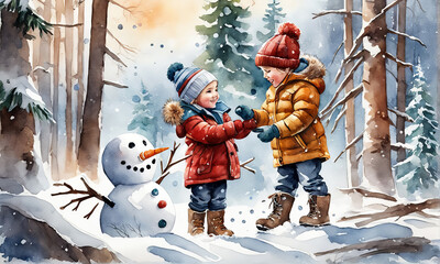 Kinder bauen einen Schneemann im Winterwald, gen ai  - obrazy, fototapety, plakaty