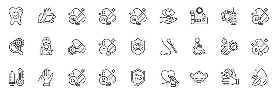 Icons pack as Vaccination, Social care and Medical mask line icons for app include Coronavirus vaccine, Molybdenum mineral, Mint tea outline thin icon web set. Cobalamin vitamin, Vitamin. Vector